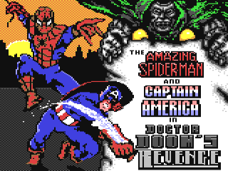 Amazing Spiderman and Captain America in Dr Dooms Revenge title screen for Commodore 64